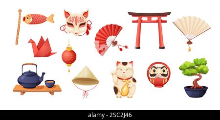 Giappone con elementi tradizionali, albero bonsai, bandiera koinobori, divertimento, gatto maneki neko, gru origami e teiera con tazze da tè isolate su sfondo bianco. Illustrazione vettoriale Illustrazione Vettoriale