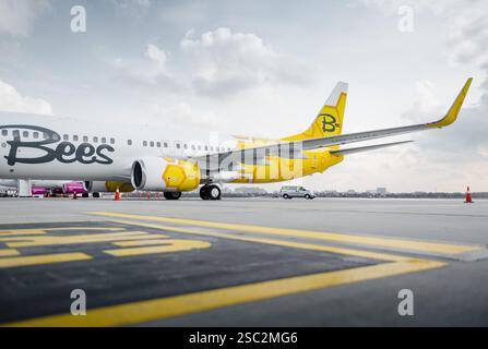 Vista laterale ad angolo basso del passeggero di api Boeing 737 (UR-UBA) in aeroporto. Sezione di coda degli aerei a basso costo bianchi e gialli sul piazzale. Foto Stock