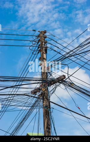 Intreccio di molti fili elettrici su pali Foto Stock