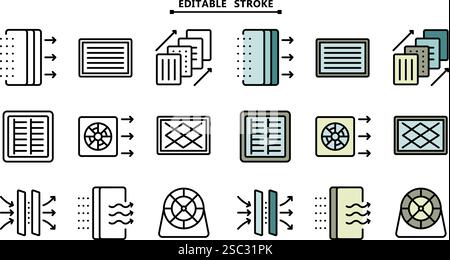 Icone filtro aria e raccolta flusso aria Set Vector. Traccia modificabile. Attrezzatura filtro dell'aria, dispositivo domestico per il concetto di filtrazione pittogrammi a colori. Fi Illustrazione Vettoriale