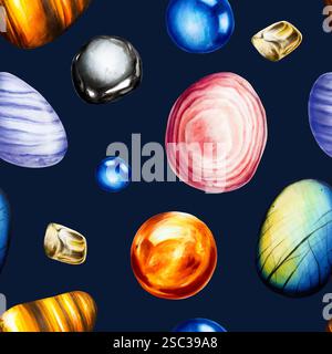 Pattern senza cuciture con illustrazioni isolate di pietre preziose di chakra radicali e sacrali, plesso solare, terzo occhio, cuore e corona. Ematit disegnato a mano ad acquerello Foto Stock