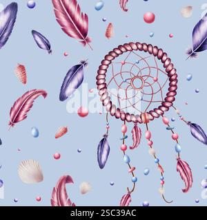 Motivo senza cuciture con canalina di salice intrecciata a mano etnica per un sognatore, perline su cordoni di corda su una corda con piume, conchiglie acquerello Foto Stock