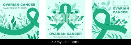 Mese di consapevolezza del cancro ovarico disegno quadrato con nastri di ottanio, sfondi floreali e grafica di sostegno per la consapevolezza della salute Illustrazione Vettoriale