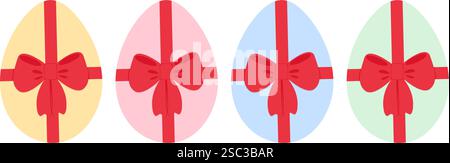 Uova di Pasqua colorate decorate con fiocco rosso. Set 4: Elementi di design natalizi per il saluto di Pasqua. Illustrazione vettoriale isolata schede tematiche, pubblicazione o opuscoli promozionali Web, banner, prezzo, etichette Illustrazione Vettoriale