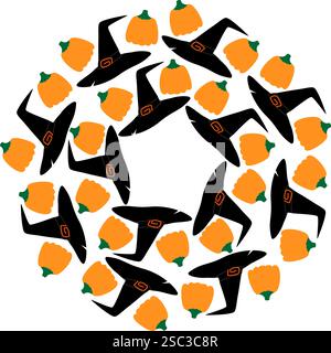 Cappellini con fibbia e zucche cornice circolare bordo contenuto Halloween Copia spazio modello idea. Illustrazione vettoriale isolata tematica, biglietti di auguri o inviti, poster o banner promozionali Web Illustrazione Vettoriale
