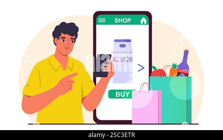 L'uomo compra la spesa online. Un ragazzo con smartphone compra latte su Internet. Shopping online e consegna a domicilio. Trasferimenti e transazioni senza contanti. Piatto Illustrazione Vettoriale