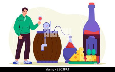 Concetto di produzione del vino. Uomo vicino a barile con bevanda alcolica. Vino e formaggio. Bevande alcoliche e bevande. Vinificazione e viticoltura, vite Illustrazione Vettoriale