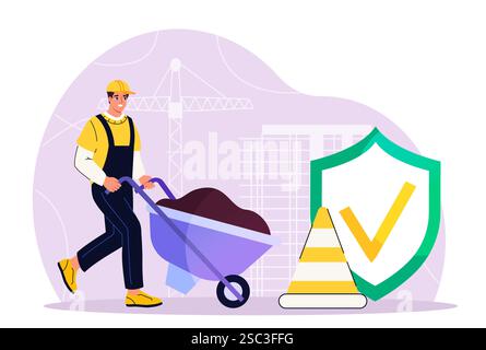 Lavori di costruzione di sicurezza. Uomo in uniforme con carrello con terreno. Sicurezza e attenzione, protezione. Costruttore e tuttofare. Ingegneria e costruzione Illustrazione Vettoriale