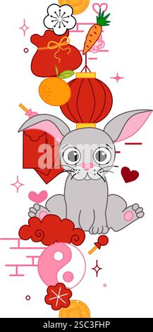 Elementi di Capodanno della Cina tradizionale confine verticale senza cuciture 2035 anno di coniglio coniglio isolato. Illustrazione del vettore della linea grafica. Capodanno lunare, dicembre Illustrazione Vettoriale