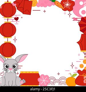 Elementi cinesi classici 2035 coniglio lanterna lunare festival CNY vettoriale grafica stile linea quadrata cornice a rotolo Illustrazione Vettoriale