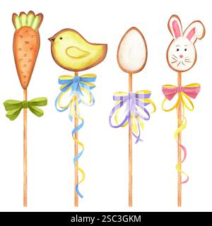 Un pacchetto di biscotti pasquali con fiocchi e nastri su bastoncini. Carota, uovo, pollo, coniglio. Clipart gastronomico per le vacanze di Pasqua. Illustrati ad acquerello disegnati a mano Foto Stock
