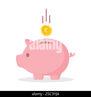 Salvadanaio rosa sorridente con monete in euro dal design piatto. Illustrazione aziendale vettoriale. Illustrazione Vettoriale