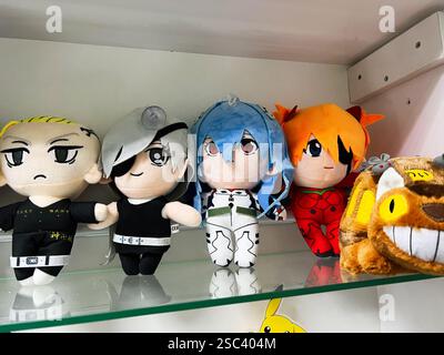 Kiev, Ucraina - 4 febbraio 2025: Incantevoli peluche anime di vari personaggi disposti su uno scaffale per essere esposti Foto Stock