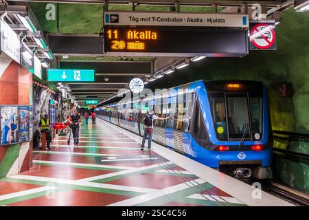 Un treno della metropolitana C20 si trova al binario della stazione di Kungsträdgården a Stoccolma, Svezia, decorato dall'artista svedese Ulrik Samuelson. Foto Stock