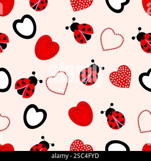 sfondo colorato e senza cuciture con cuori e coccinelle. disegnato a mano. vettore Illustrazione Vettoriale