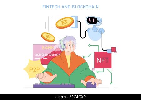 Integrazione di tecnologia finanziaria e blockchain. Donna anziana che esplora la finanza digitale con criptovaluta, blockchain, transazioni P2P, NFT e tecnologia ai. Illustrazione vettoriale. Illustrazione Vettoriale