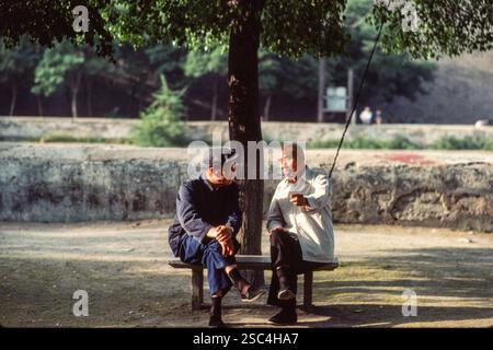 Due uomini anziani conversano seduti su una panchina sotto un albero in un parco cittadino cinese. Foto Stock