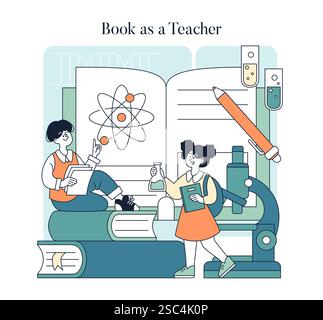 Illustrazione della giornata mondiale del libro. Celebrare il ruolo dei libri nell'istruzione e nella scoperta. I bambini si impegnano con i concetti scientifici attraverso la lettura e la sperimentazione. Illustra la curiosità, l'apprendimento e il legame tra libri e conoscenza. Illustrazione vettoriale. Illustrazione Vettoriale