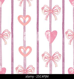 Acquerello grazioso motivo a righe senza cuciture con cuori e archi rosa Foto Stock