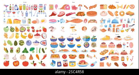 Set da cibo. Una raccolta completa di vari prodotti alimentari, tra cui frutta, verdura, carni, frutti di mare, bevande e dessert. Perfetto per temi culinari e progetti legati alla nutrizione. Illustrazione vettoriale. Illustrazione Vettoriale