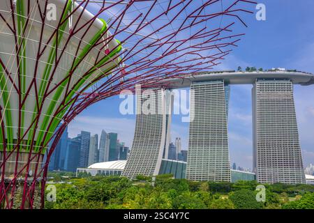 Il Marina Bay Sands Hotel e i grattacieli del Centro finanziario di Singapore dall'OCBC Skyway nel Supertree Grove Foto Stock