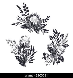 Silhouette nere di fiori tropicali di protea e mazzi di foglie Illustrazione Vettoriale