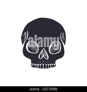 Cranio umano con silhouette nera disegnato a mano isolato su sfondo bianco Illustrazione Vettoriale