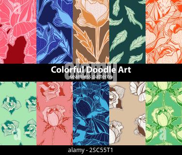 Set di motivi artistici floreali astratti senza cuciture, sfondi vettoriali colorati e multicolori con fiori fantasia Illustrazione Vettoriale