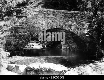 Un ponte ad arco su Penmaenpool Road sul fiume, sul lato sud dell'estuario del fiume Mawddach, vicino a Dolgellau nel Gwynedd, Galles. 1900, monocromatico: Da un'importante collezione storica di fotografie di albumi originali, non attribuite, dal tardo Vittoriano al primo edoardiano: Un tour britannico che include Staffordshire, Warwickshire e Galles del Nord. La qualità degli originali era variabile e la maggior parte era di 108x165 mm. Foto Stock