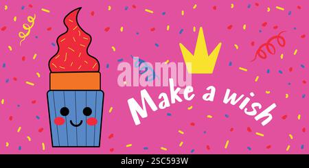 Carino cartone animato Cupcake con auguri di buon compleanno su uno sfondo colorato Illustrazione Vettoriale