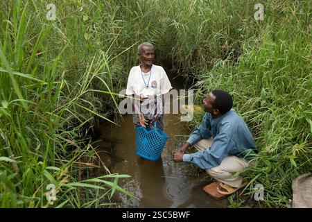 MAKEFU VILLAGE, IDODI DIVISION, TANZANIA, maggio 2008: Christina Mlelewa, 89 anni, parla con Joseph Mastir, 52 anni, ufficiale esecutivo del villaggio, mentre attraversa un piccolo ruscello sulla strada per il vicino villaggio Massai. È uno dei più antichi abitanti del villaggio. Coltiva ancora il suo mais e lavora come operaia in altre fattorie. Foto Stock