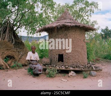 MAKEFU VILLAGE, IDODI DIVISION, IRINGA, TANZANIA, maggio 2008: Christina Mlelewa, 89 anni, siede accanto alla pila di legno sul retro della sua casa. È uno dei più antichi abitanti del villaggio. Coltiva ancora il suo mais e lavora come operaia in altre fattorie. Foto Stock