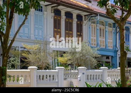 Case storiche colorate lungo Emerald Hill Road a Singapore. Foto Stock
