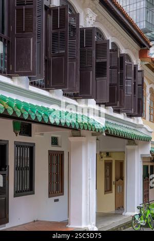 Case storiche colorate lungo Emerald Hill Road a Singapore. Foto Stock