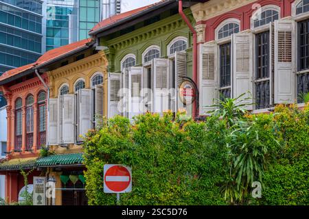 Case storiche colorate lungo Emerald Hill Road a Singapore. Foto Stock