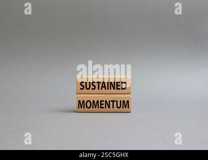 Simbolo di slancio prolungato. Blocchi di legno con le parole ritmo sostenuto. Splendido sfondo grigio. Concetto di business e di slancio costante. Copia spazio Foto Stock