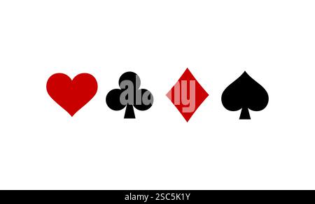 Icone della tuta delle carte, Suit Diamonds Hearts Spades Icons, Casino Poker ed elementi grafici del gioco d'azzardo. Illustrazione Vettoriale