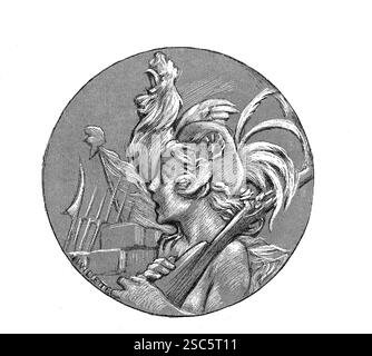 Simbolo repubblicano. Marianne con cappello phrygiann rosso e gallo. Rivoluzioni liberali della francia. Incisione di 'Journées Révolutionnaires', 1830-1848, 1 Foto Stock