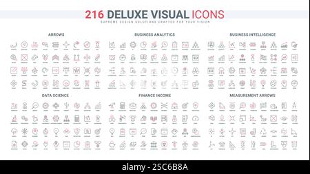 Scienza, elaborazione di dati e documenti, reddito finanziario, software e modello per il set di icone della linea di analisi. frecce di misurazione e direzione simboli sottili di contorno nero e rosso illustrazione vettoriale Illustrazione Vettoriale