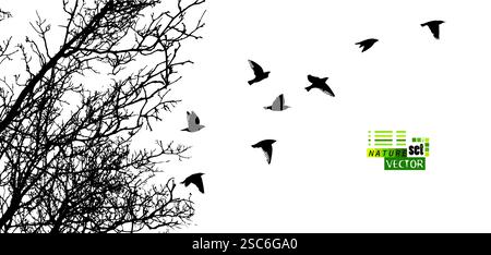 Sagoma degli alberi e uccelli volanti. disegno a mano. Non ai Vector Illustrazione Vettoriale
