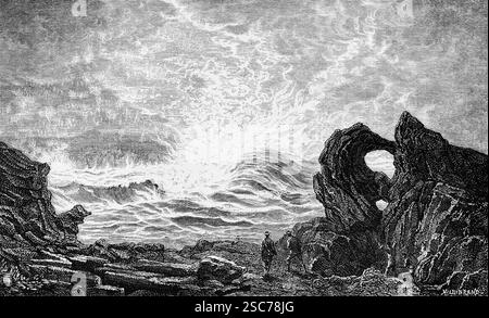 Attività eruttiva con flusso lavico del cratere Kilauea attivo, Hawaii Vulcanoes National Park, USA, viaggio, illustrazione storica 1888 Foto Stock