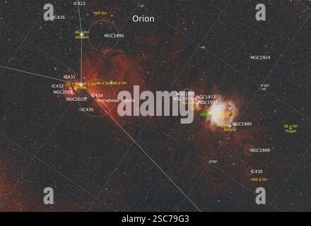 Nebulose of the Orion Complex, Messier 42, Horsehead Nebula, Running Man Nebula SH2-279. Immagine annotata, mappe stellari e oggetti astronomici Foto Stock