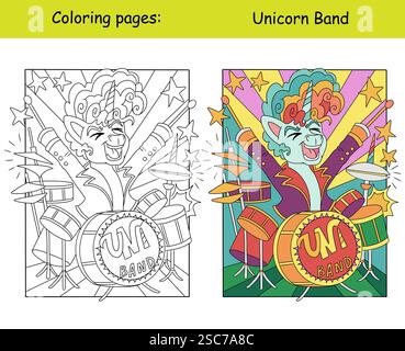 Un unicorno fantastico che suona la batteria e i bambini che colorano con il modello di colore. Pagina del libro da colorare per bambini. Illustrazione di un cartone animato vettoriale su sfondo bianco. DRA lineare Illustrazione Vettoriale