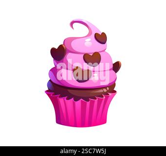 Cupcake di San Valentino con glassa a vortice rosa, decorato con cuori di cioccolato in un luminoso involucro magenta. Dessert vettore cartoni animati come simbolo d'amore, tr Illustrazione Vettoriale