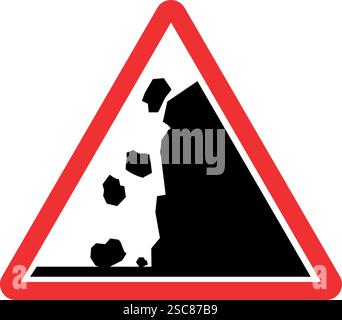 Segnale di pericolo caduta rocce. Sfondo triangolo rosso. Segnali stradali e simboli. Illustrazione Vettoriale