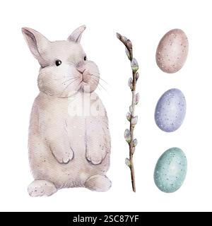 Set di un simpatico coniglietto pasquale con rami di salice e uova colorate. Perfetto per biglietti di Pasqua, saluti e decorazioni natalizie. Foto Stock