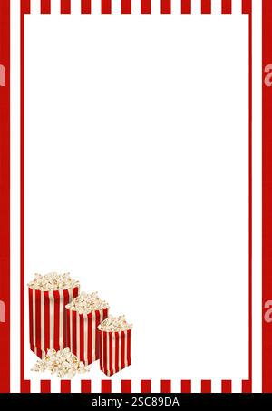 cornice a strisce rosse. Tre scatole di popcorn. Confezioni di dimensioni diverse. Popcorn versato. Spuntini di film. Design del menu e cartolina. illustrazione acquerello Foto Stock
