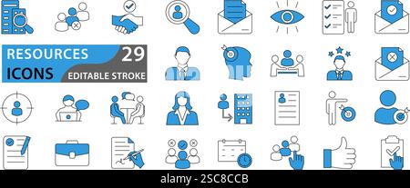 Risorsa umana, set di icone. Ricerca di lavoro e ricerca di dipendenti. Colloqui e reclutamento, icone lineari. lavoro di squadra, uomini d'affari. impostare le icone con editabl Illustrazione Vettoriale