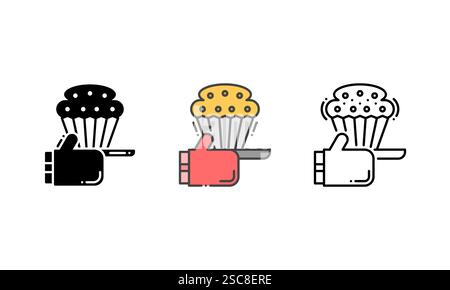 Icona Vector Baking con un cupcake e un guanto da forno, che simboleggia l'hobby della cottura e della pasticceria. Contorno, glifo e stile contorno riempito Illustrazione Vettoriale