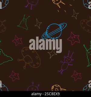 Grazioso motivo senza cuciture con alieni, razzi e stelle per il design di articoli per bambini Illustrazione Vettoriale